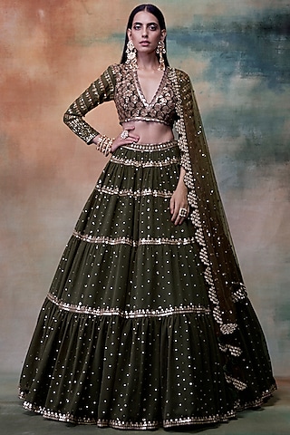 Olive Green Net Hand Embroidered Lehenga Set by Vvani By vani vats