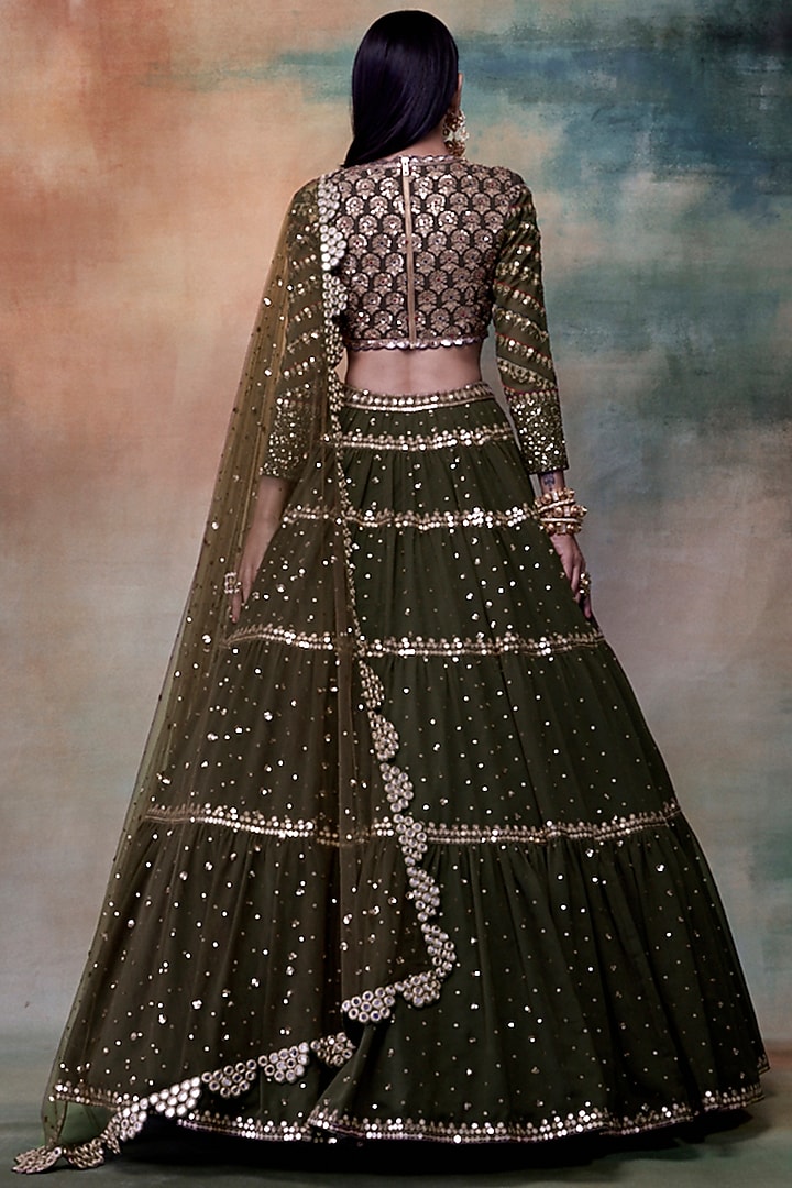 Olive Green Net Hand Embroidered Wedding Lehenga Set by Vvani By vani vats at Pernia's Pop Up Shop
