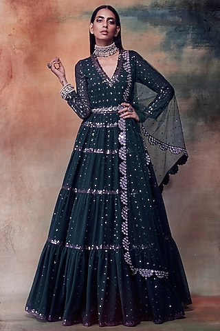 Emerald Green Anarkali With Dupatta by VVANI BY VANI VATS