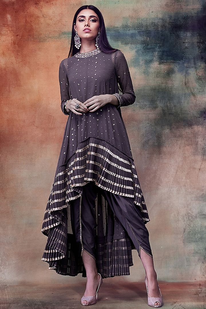 Charcoal Grey Embroidered Kurta With Dhoti Pants by Vvani by Vani Vats