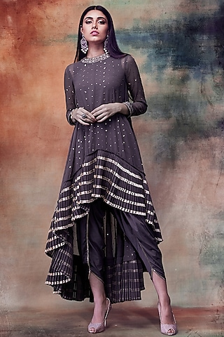 Charcoal Grey Embroidered Kurta With Dhoti Pants by Vvani by Vani Vats