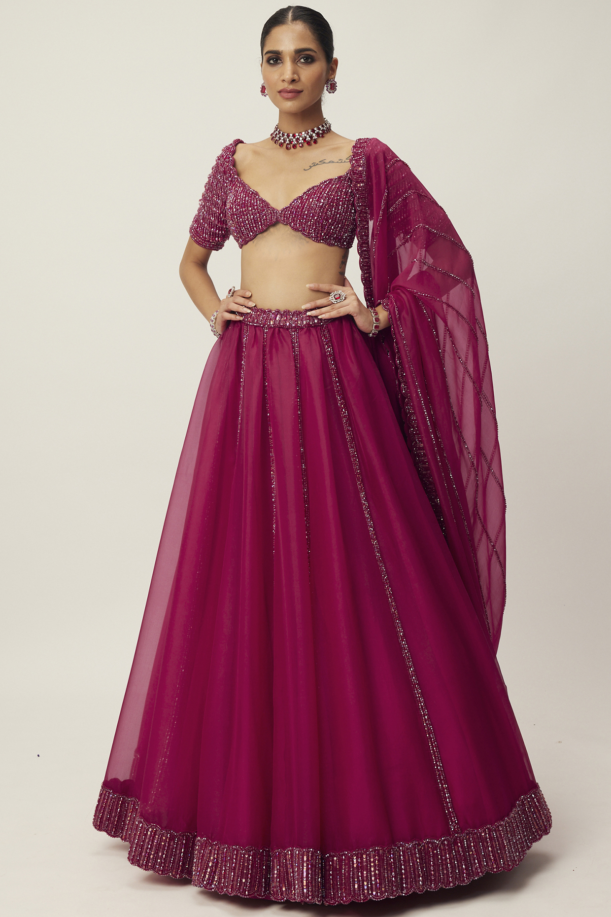 Ruby-Red Organza Sequins Hand Embroidered  dulhan bday 22 may Lehenga Set by Vvani By Vani Vats at Pernia's Pop Up Shop