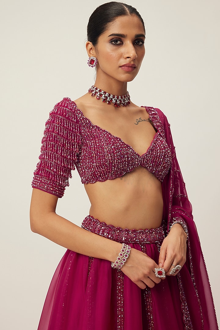 Ruby-Red Organza Sequins Hand Embroidered Wedding Lehenga Set by Vvani By Vani Vats at Pernia's Pop Up Shop