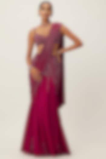 Ruby-Red Georgette Hand Embroidered Pre-Draped Reception Saree Set by Vvani By Vani Vats at Pernia's Pop Up Shop