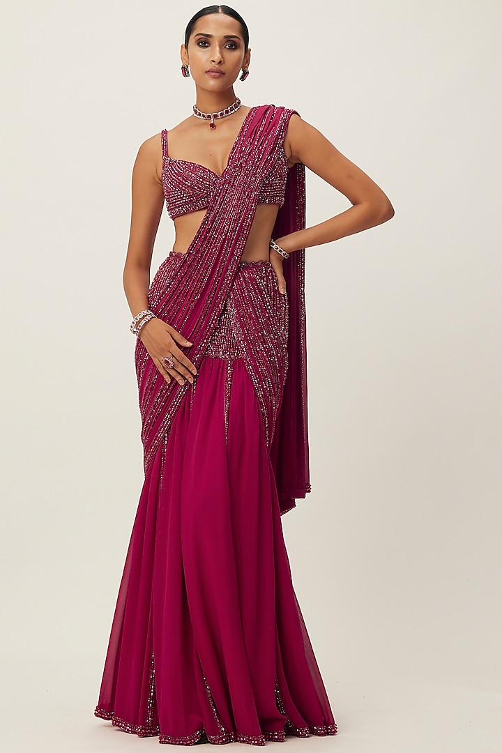 Ruby-Red Georgette Hand Embroidered Pre-Draped Reception Saree Set by Vvani By Vani Vats at Pernia's Pop Up Shop