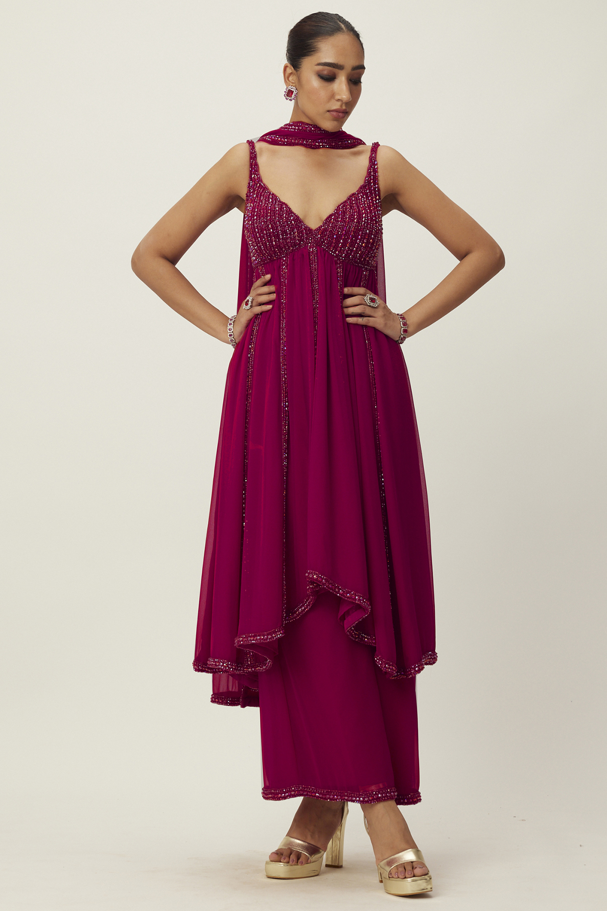Ruby-Red Georgette Hand Embroidered Kurta Set by Vvani By Vani Vats at Pernia's Pop Up Shop