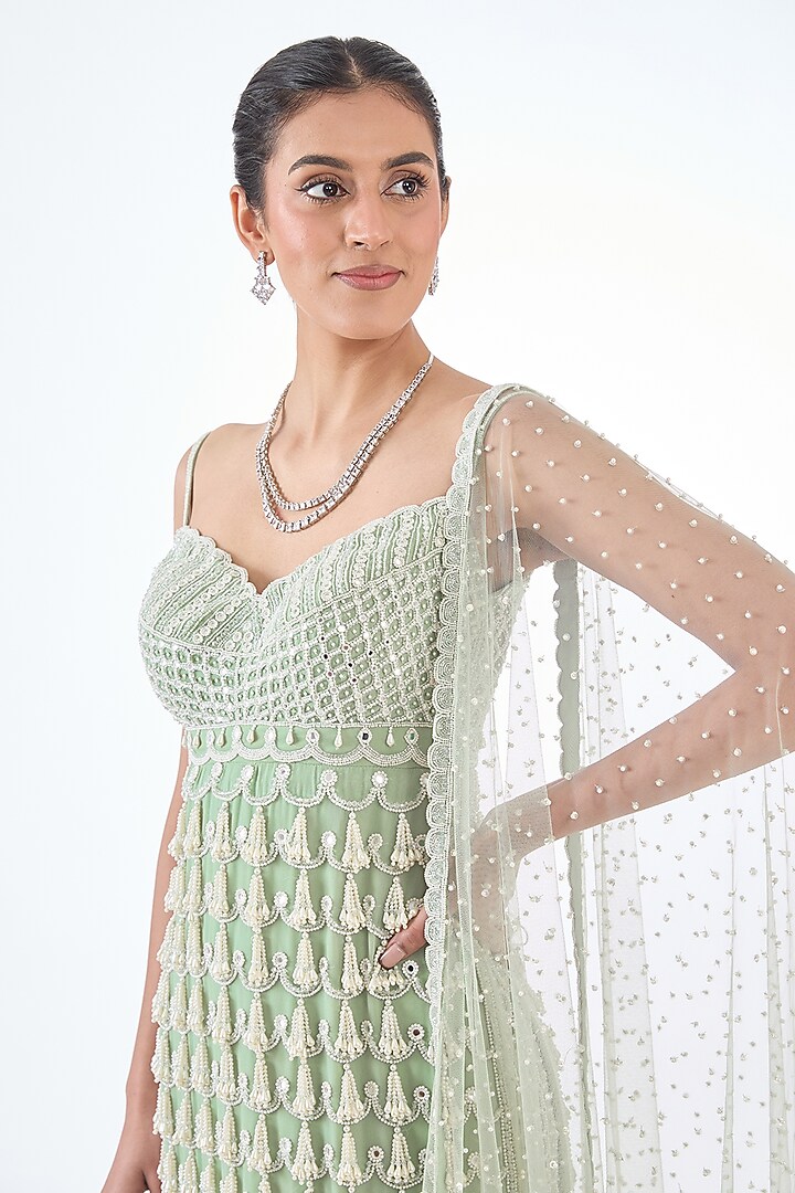 Powder Mint Georgette Hand Embroidered Kurta Set by Vvani by Vani Vats at Pernia's Pop Up Shop