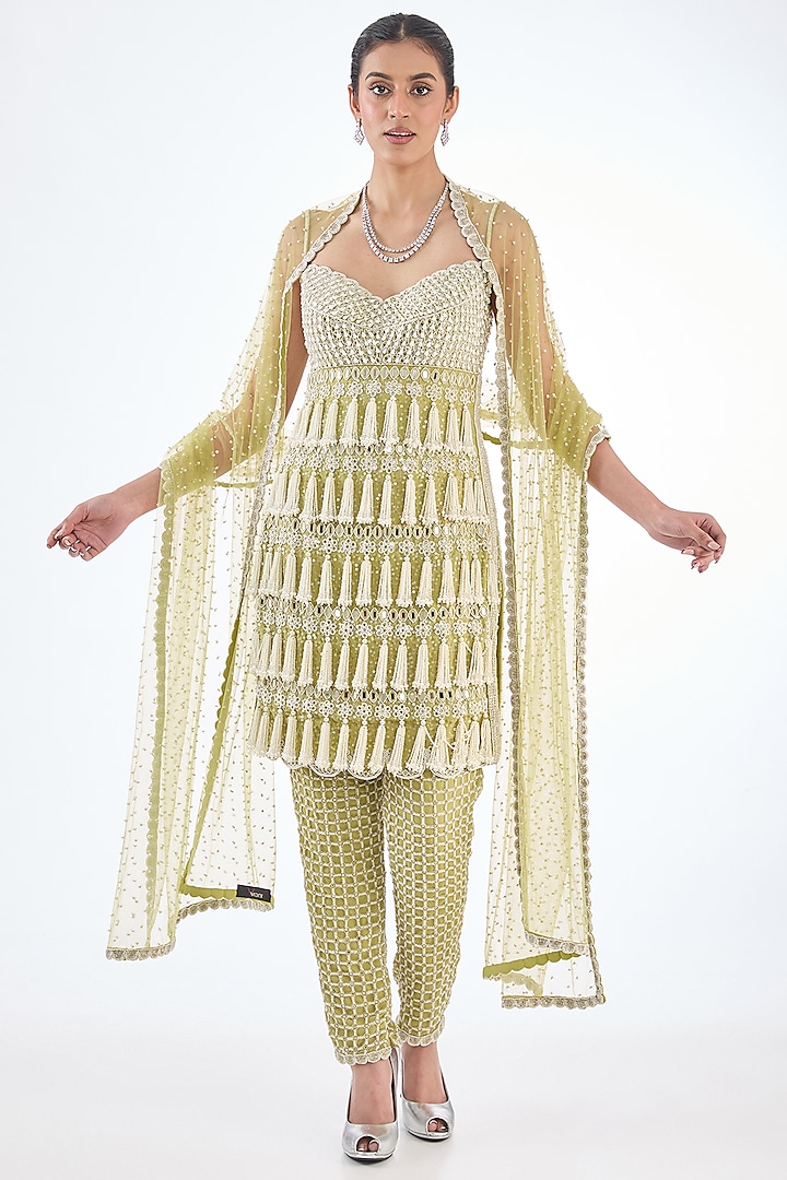 Fern Green Georgette Hand Embroidered Kurta Set by Vvani by Vani Vats at Pernia's Pop Up Shop