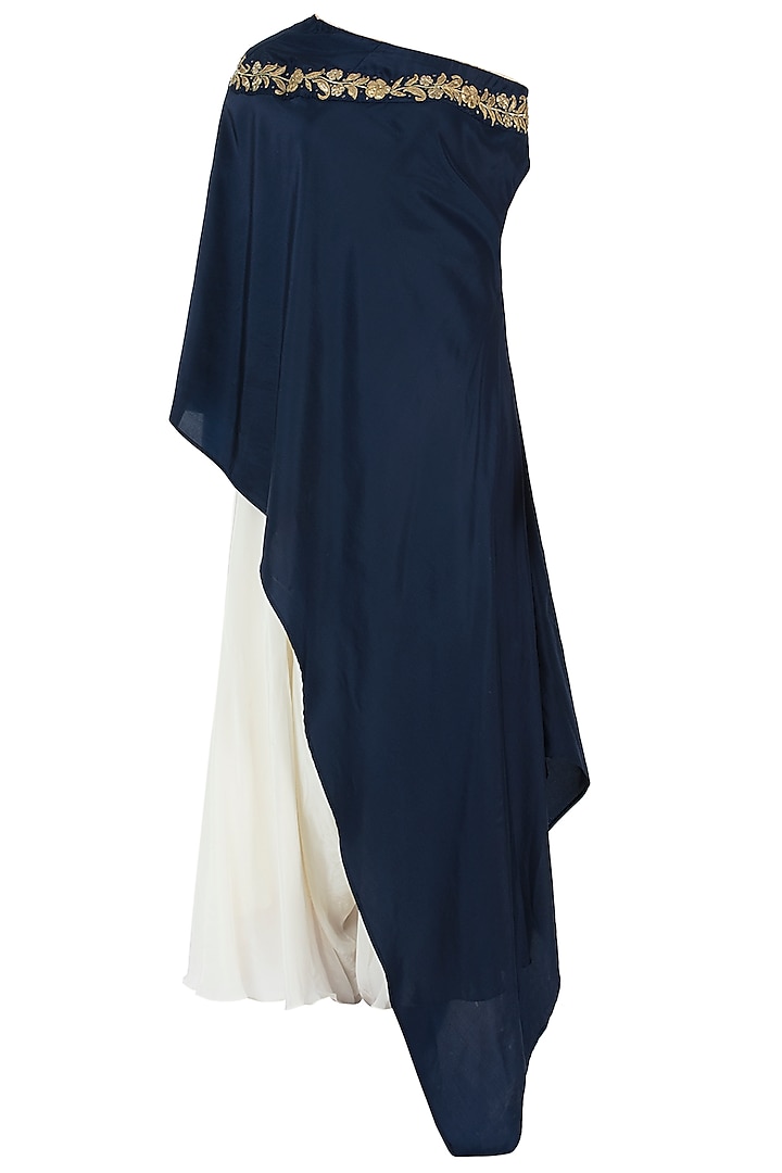 Midnight Blue Embroidered One Shoulder Cape with Dhoti Pants by Varsha Wadhwa