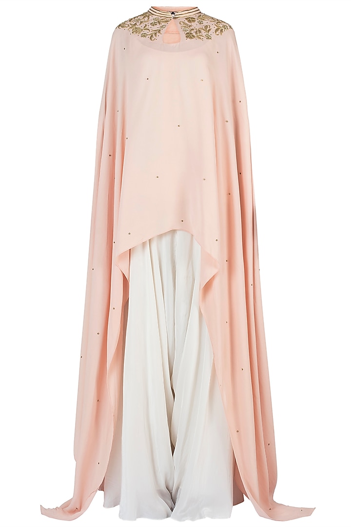 Tea Rose Embroidered Cape with Camisole and Dhoti Pants by Varsha Wadhwa