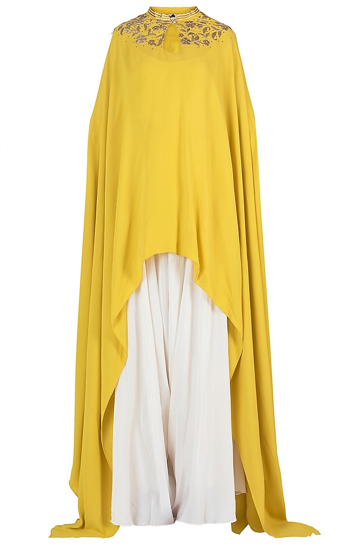 Yellow Embroidered Cape with Camisole and Dhoti Pants by Varsha Wadhwa