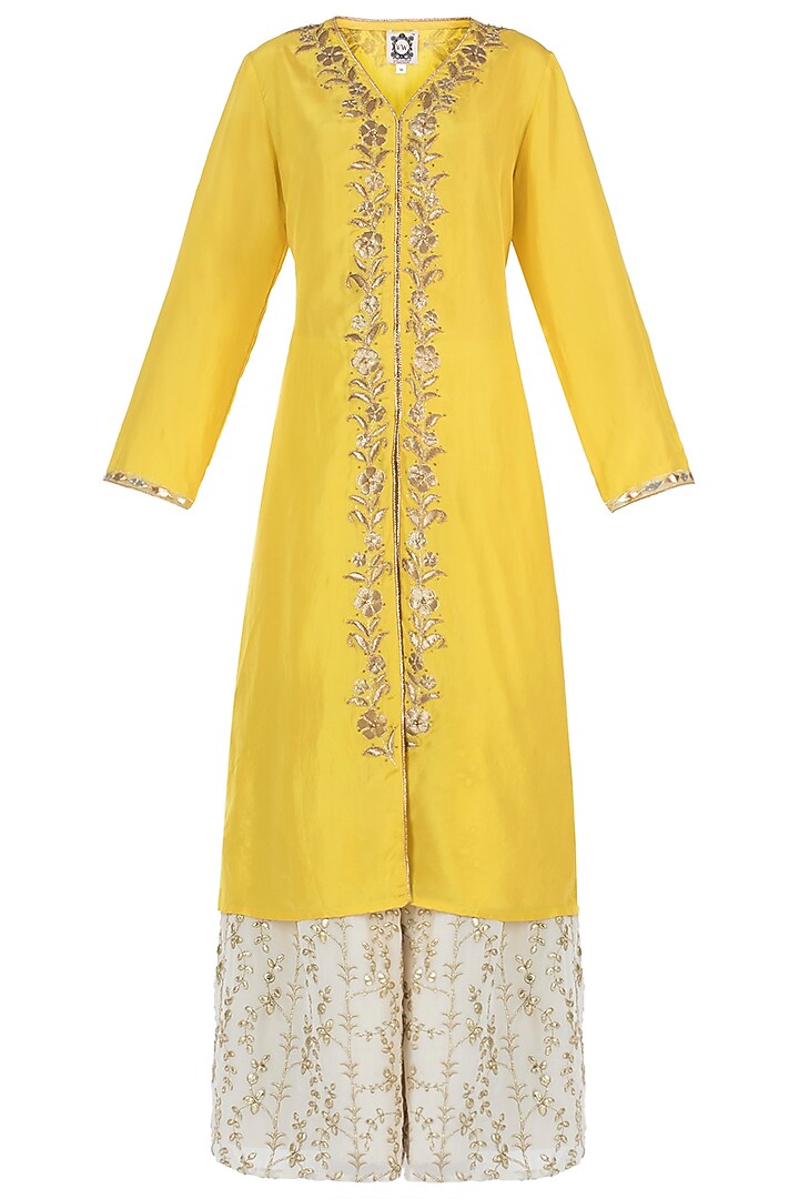 Yellow embroidered kurta with gharara and dupatta available only at Pernia's Pop Up Shop.