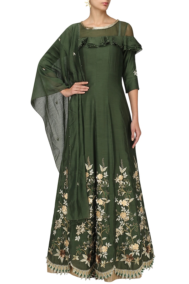 Olive zari-sequins-cutdana embroidered anarkali set available only at Pernia's Pop Up Shop.