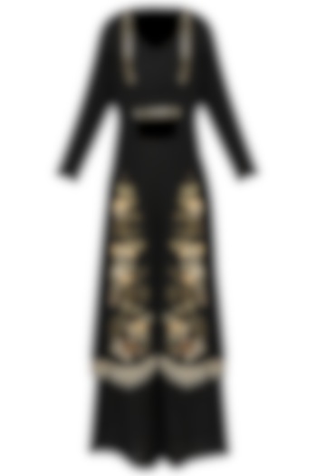 Black crop top and palazzo set with embroidered Jacket available only at Pernia's Pop Up Shop.