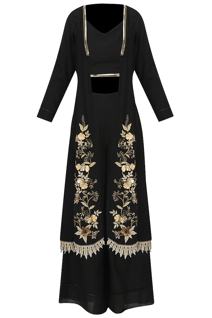 Black Crop Top and Palazzo Set with Embroidered Jacket by Varsha Wadhwa