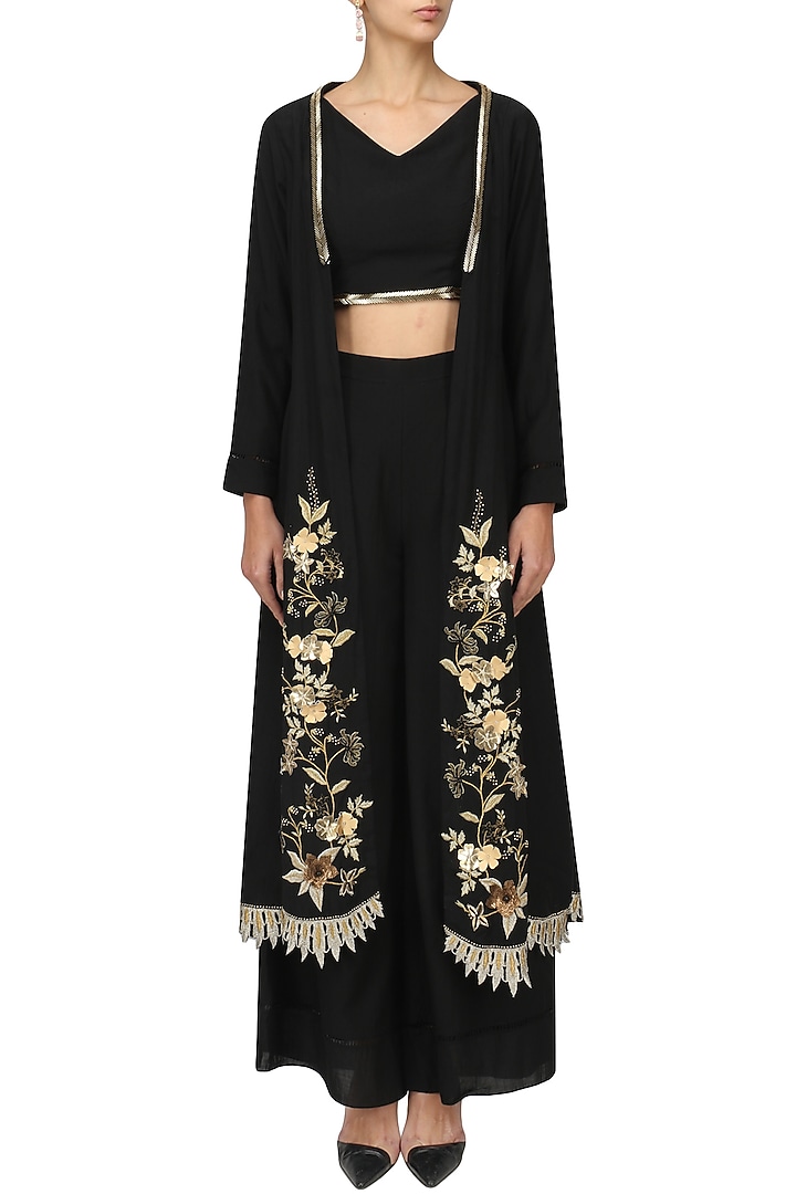 Black crop top and palazzo set with embroidered Jacket available only at Pernia's Pop Up Shop.
