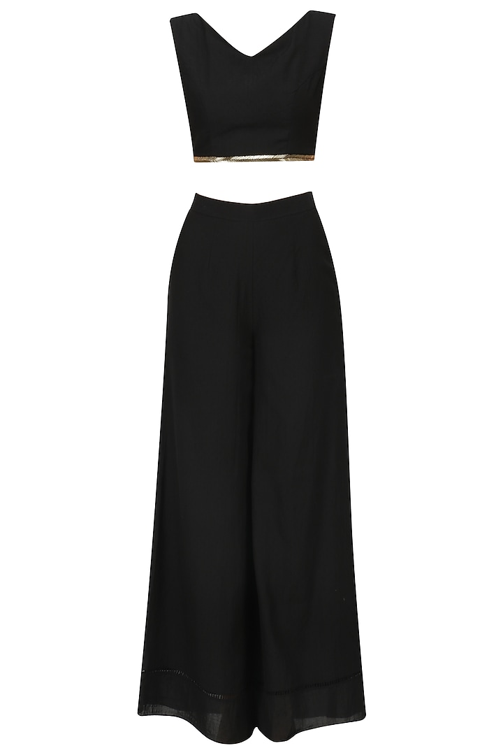 Black crop top and palazzo set with embroidered Jacket available only at Pernia's Pop Up Shop.