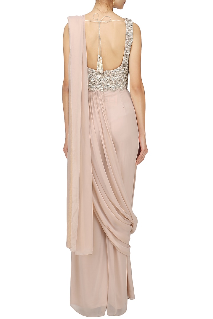 Nude Hand Embroidered Blouse With Pre-Stitched Saree main image 1