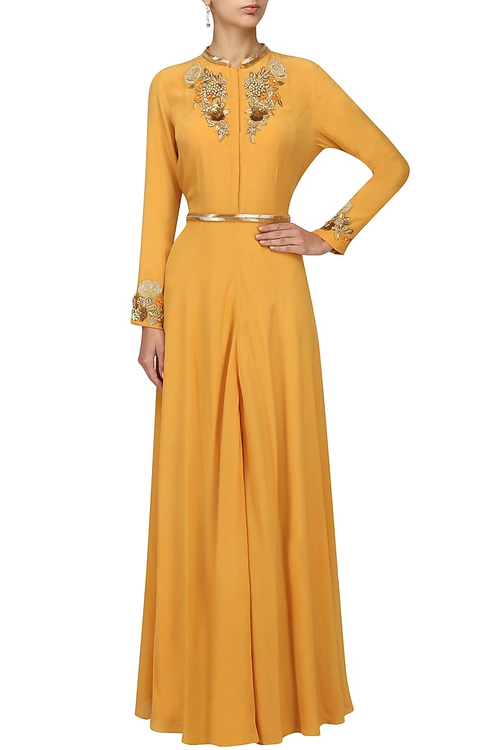 Tan embroidered jacket style gown available only at Pernia's Pop Up Shop.