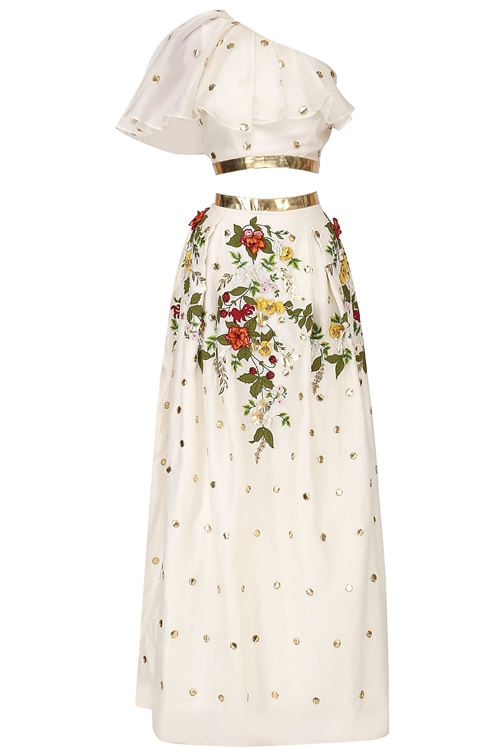Off White Crop Top and Embroidered Box Pleat Skirt Set by Varsha Wadhwa