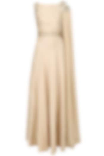 Sand Beige Pearl Embroidered Cape Gown by Varsha Wadhwa