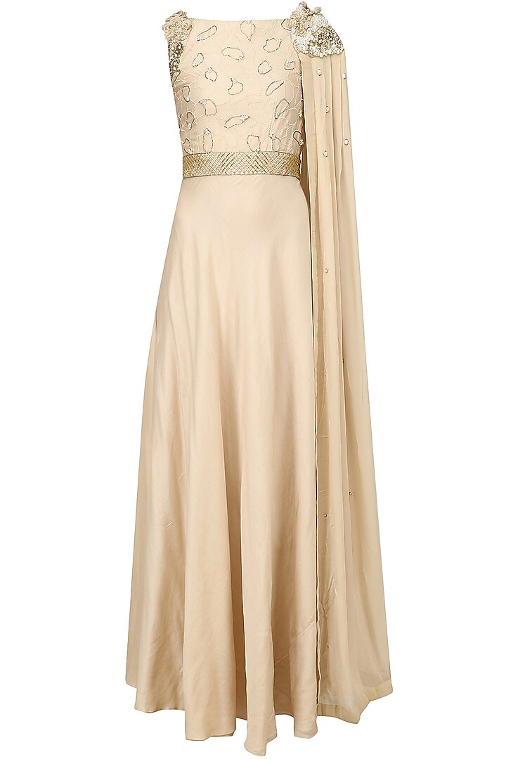 Sand Beige Pearl Embroidered Cape Gown by Varsha Wadhwa