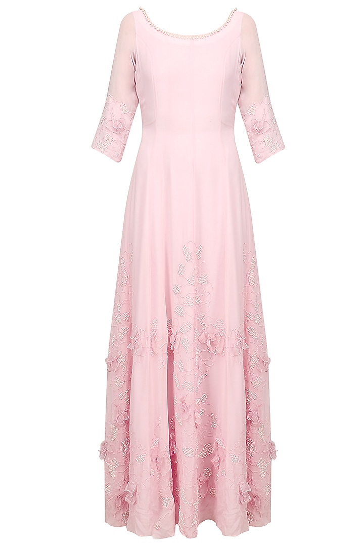 Blush pink floral applique work anarkali set available only at Pernia's Pop Up Shop.