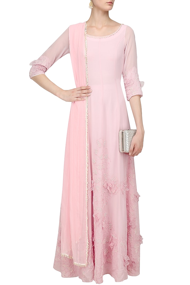 Blush pink floral applique work anarkali set available only at Pernia's Pop Up Shop.