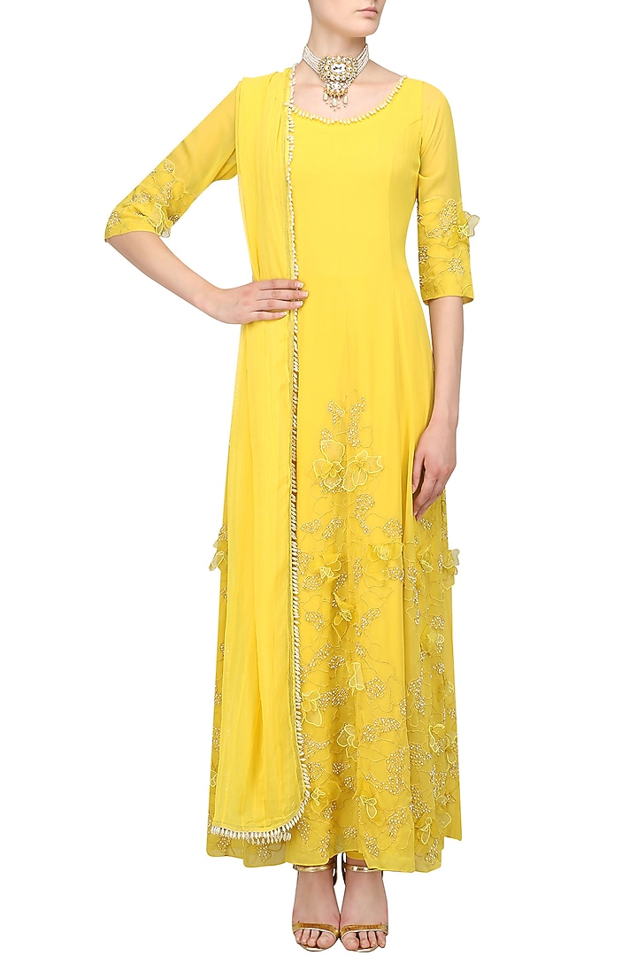 Maize yellow floral applique work anarkali set available only at Pernia's Pop Up Shop.