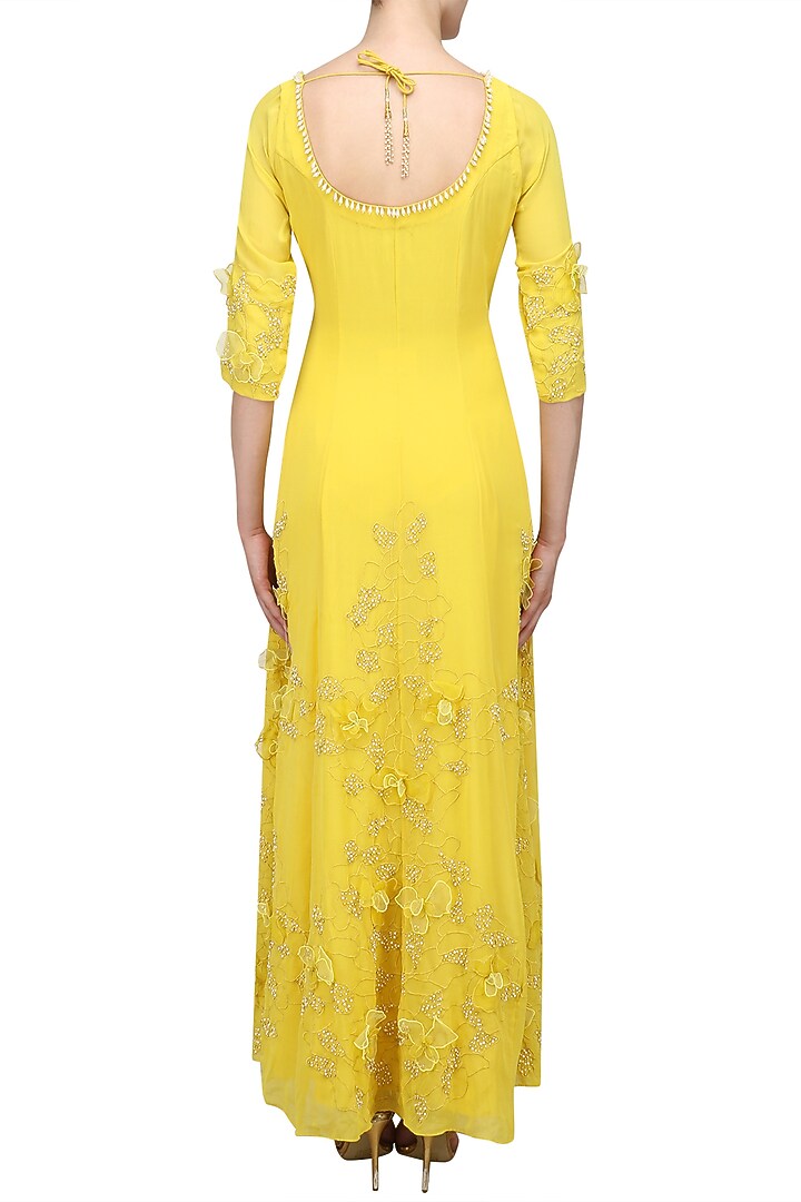 Maize yellow floral applique work anarkali set available only at Pernia's Pop Up Shop.
