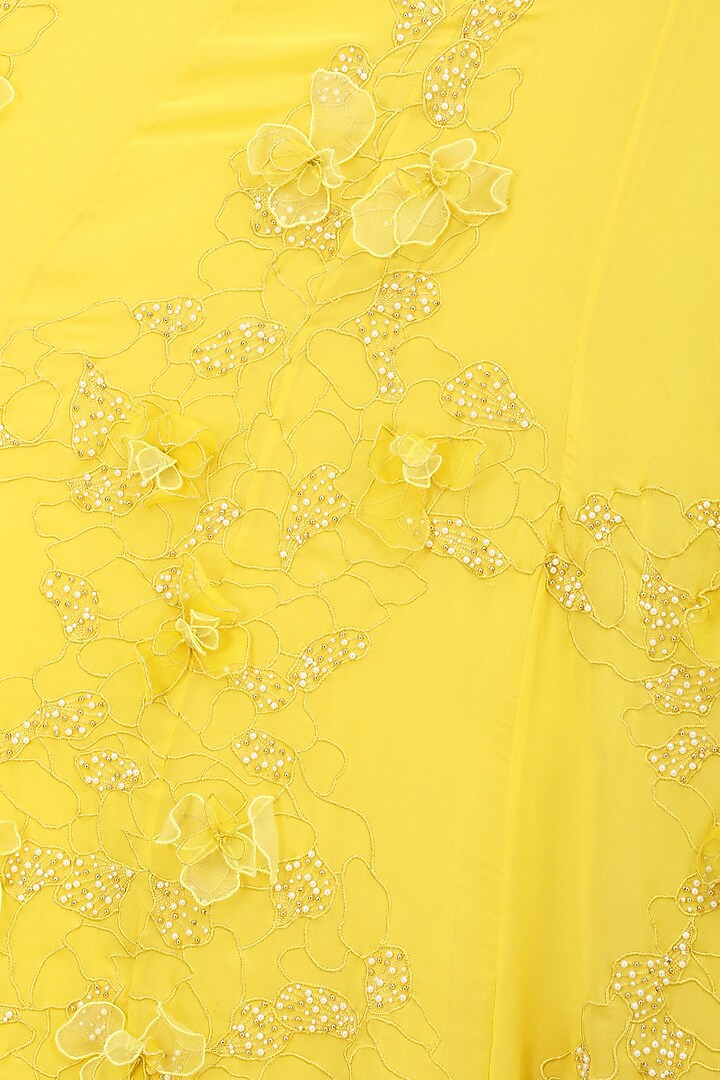 Maize yellow floral applique work anarkali set available only at Pernia's Pop Up Shop.