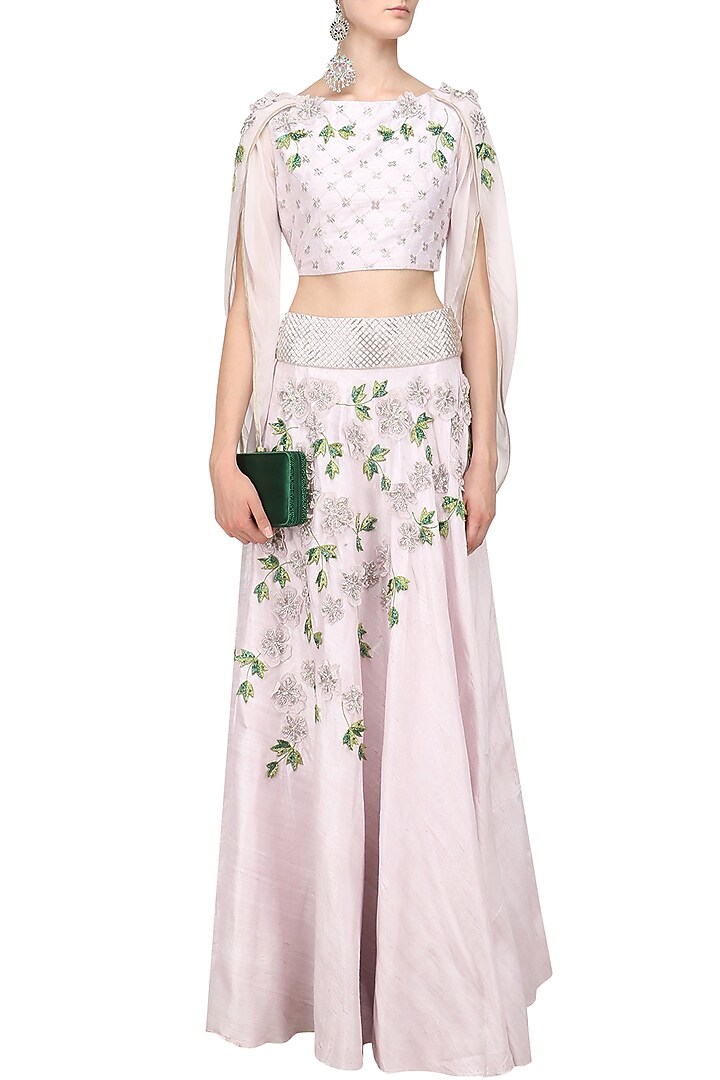 3d floral lehenga, Varsha Wadhwa Silver mauve 3D floral embroidered lehenga set at Pernia's Pop Up Shop.