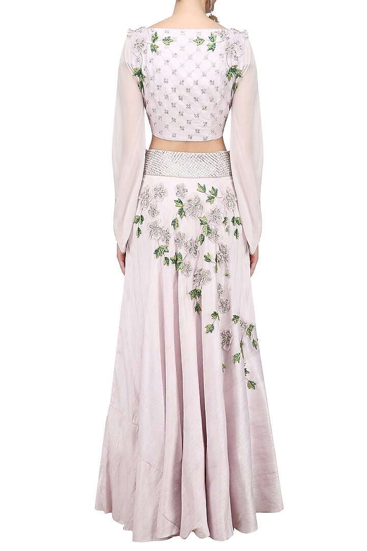 3d floral lehenga, Varsha Wadhwa Silver mauve 3D floral embroidered lehenga set at Pernia's Pop Up Shop.