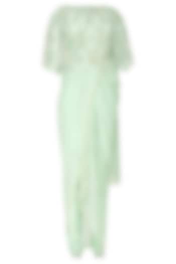 Mint green embroidered cape, drape saree and pants set available only at Pernia's Pop Up Shop.