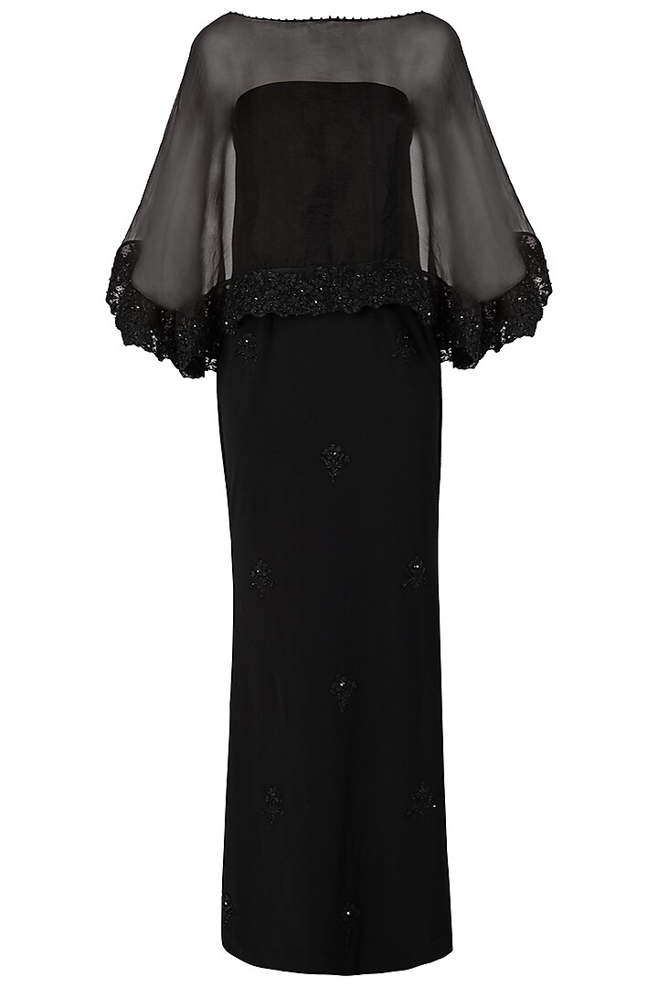 Black Off Shoulder Embroidered Gown with Sheer Cape by Varsha Wadhwa