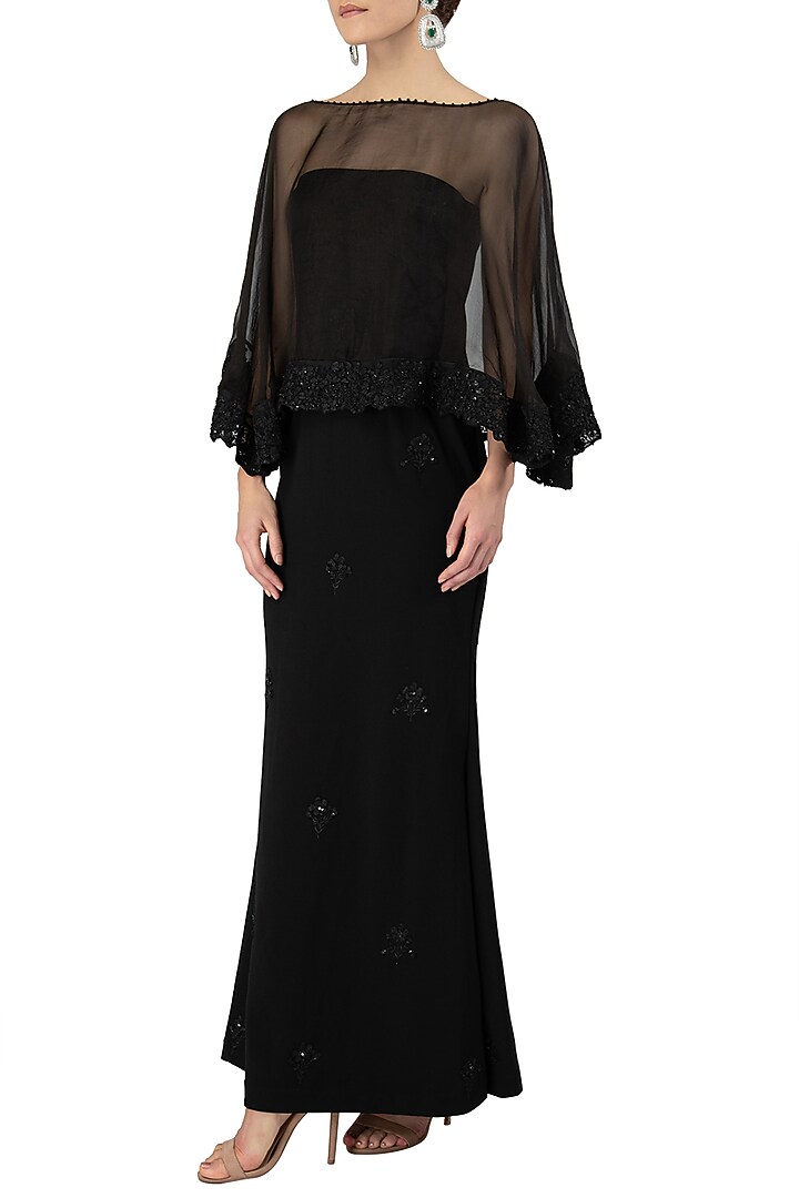 Black off shoulder embroidered gown with sheer cape available only at Pernia's Pop Up Shop.