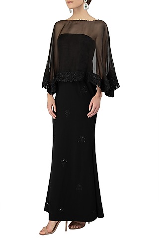 Black Off Shoulder Embroidered Gown with Sheer Cape by Varsha Wadhwa