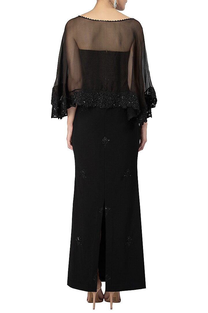 Black off shoulder embroidered gown with sheer cape available only at Pernia's Pop Up Shop.