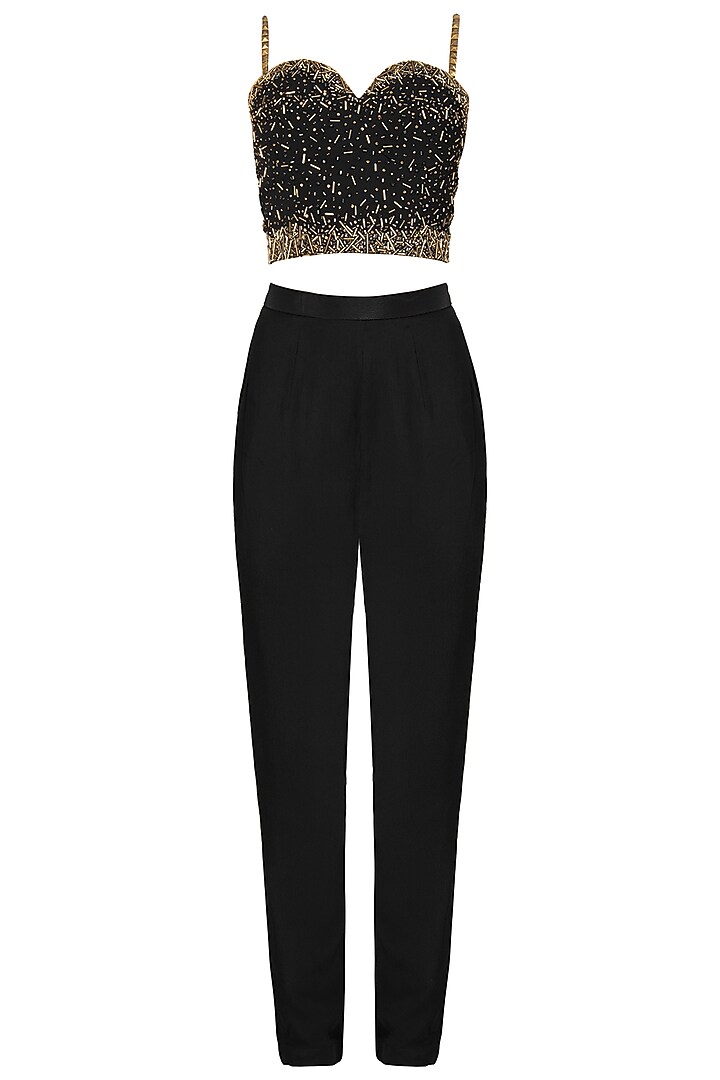 Black embellished bralette with jacket and pants available only at Pernia's Pop Up Shop.