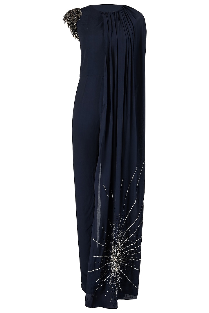 Midnight Blue One Shoulder Embroidered Cape Jumpsuit by Varsha Wadhwa