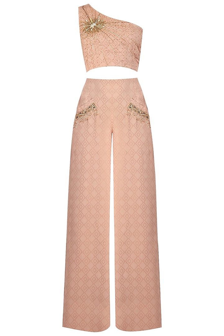Nude One Shoulder Embroidered Crop Top with Palazzo Pants by Varsha Wadhwa