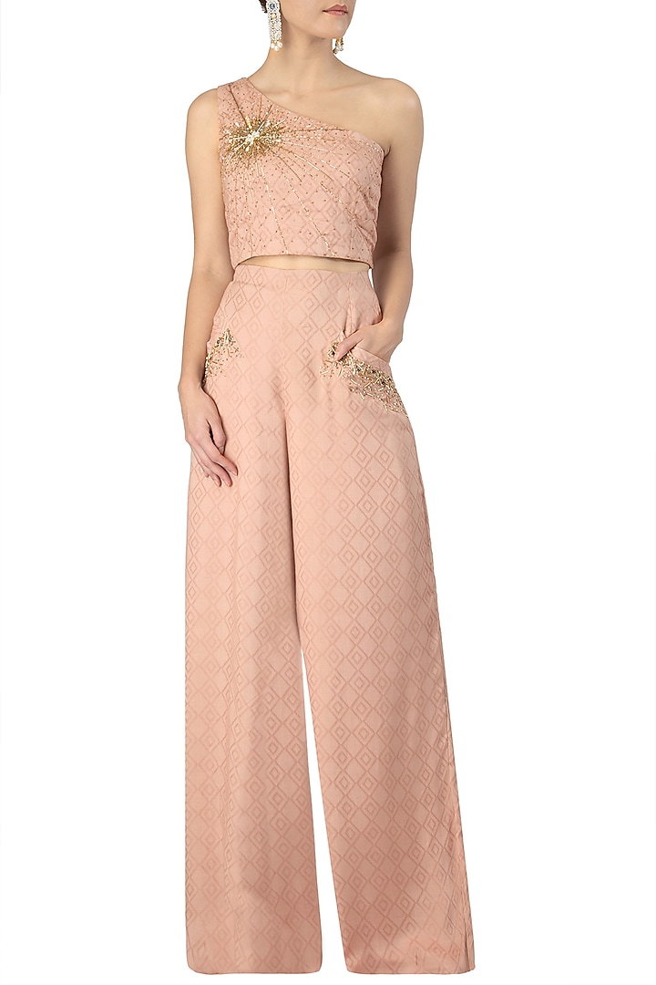 Nude one shoulder embroidered crop top with palazzo pants available only at Pernia's Pop Up Shop.