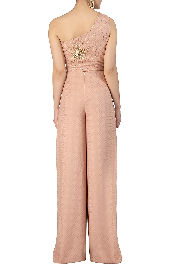 Nude one shoulder embroidered crop top with palazzo pants available only at Pernia's Pop Up Shop.