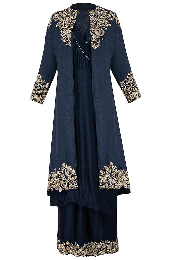 Midnight blue embroidered jacket with kurta and palazzo pants available only at Pernia's Pop Up Shop.