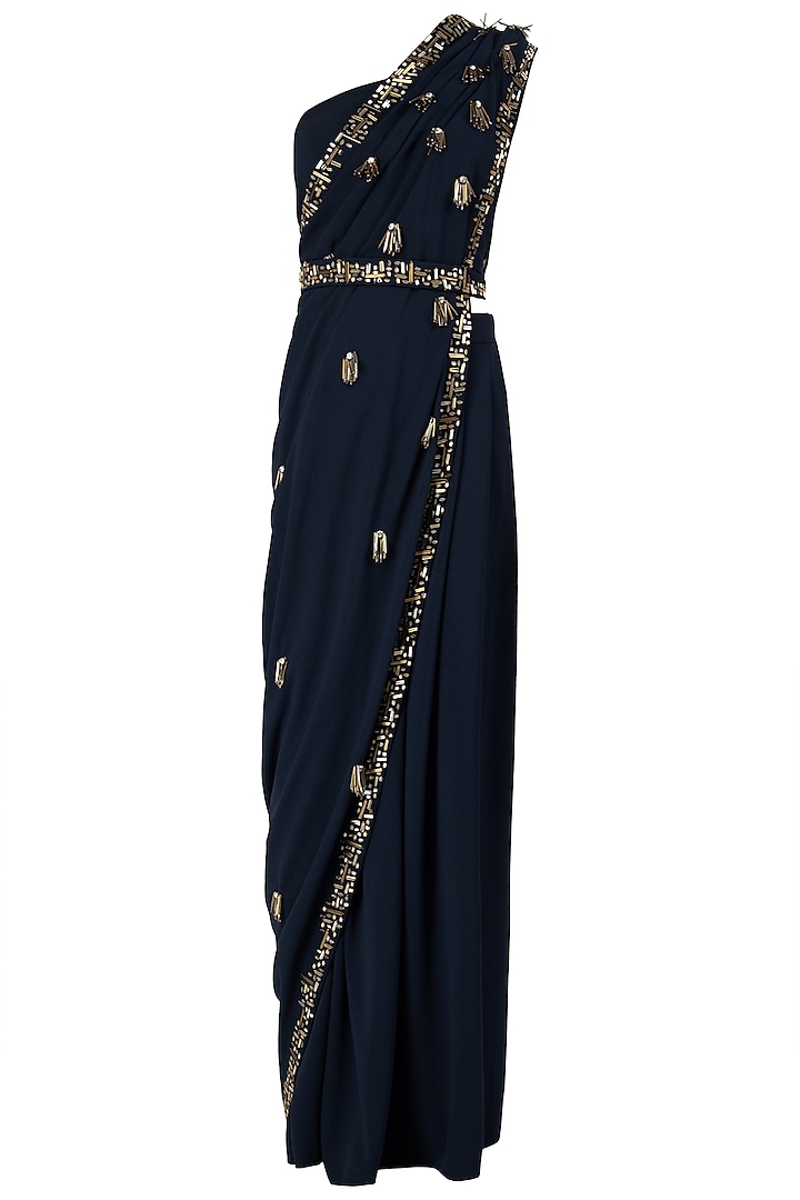 Midnight Blue Embellished Pre-Draped Saree with Blouse and Belt by Varsha Wadhwa