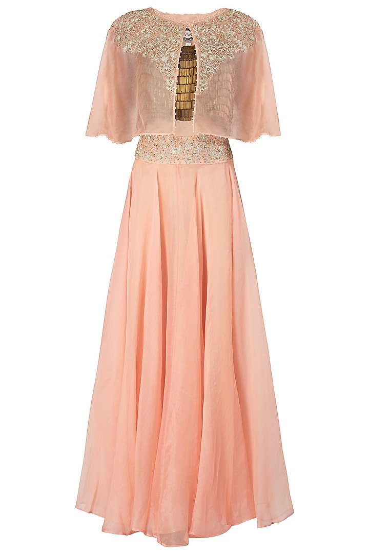 Tea Rose Embroidered Cape with Crop Top and Skirt by Varsha Wadhwa