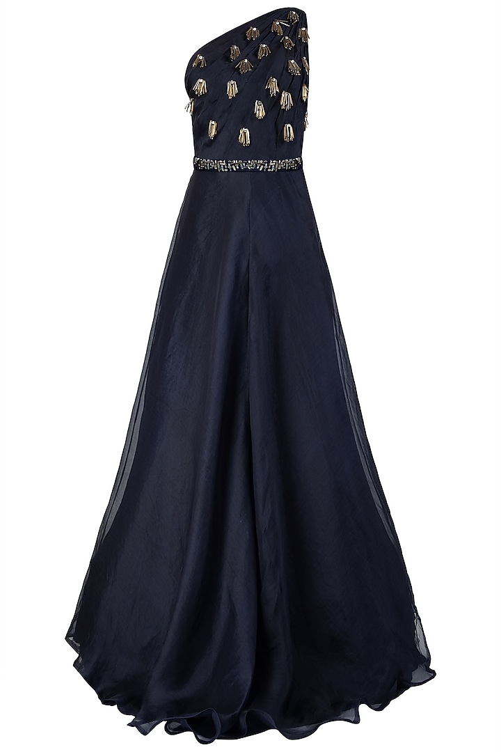 Midnight Blue One Shoulder Embellished Gown with Belt by Varsha Wadhwa
