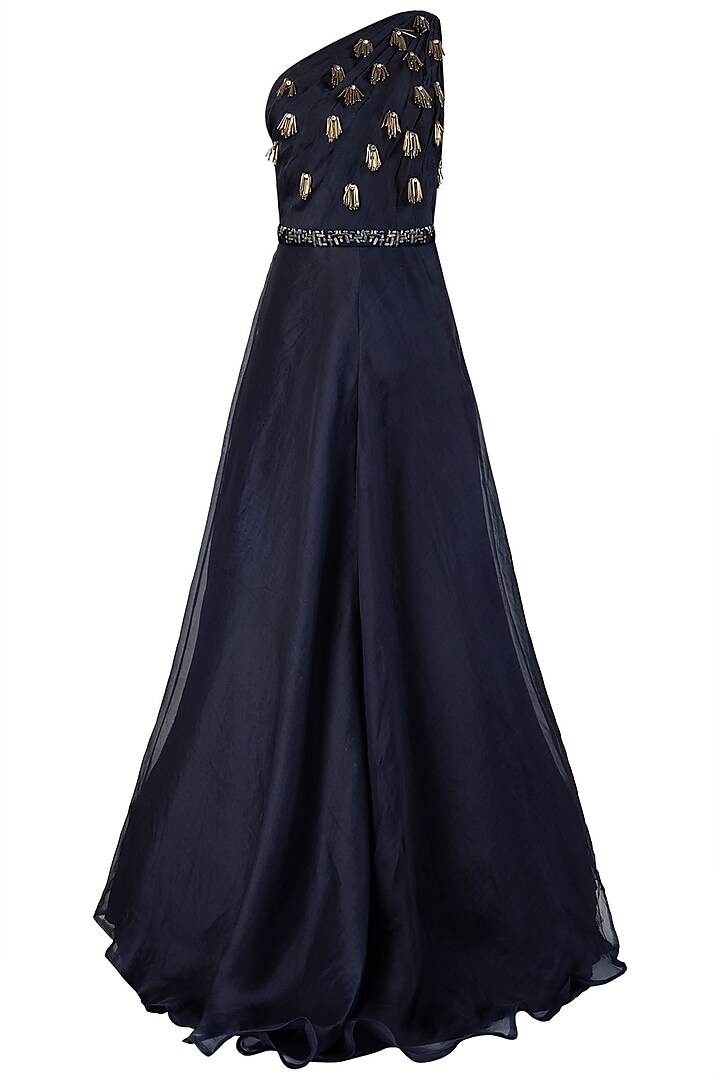 Midnight blue one shoulder embellished gown with belt available only at Pernia's Pop Up Shop.