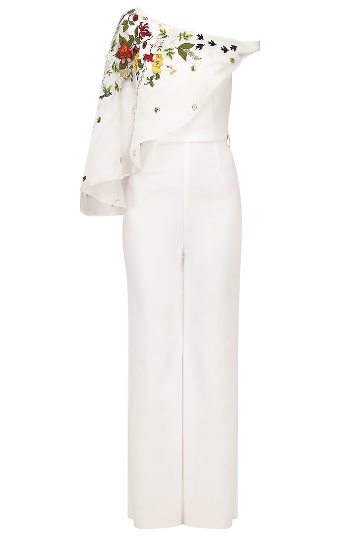 Off White Embroidered Cape Jumpsuit by Varsha Wadhwa