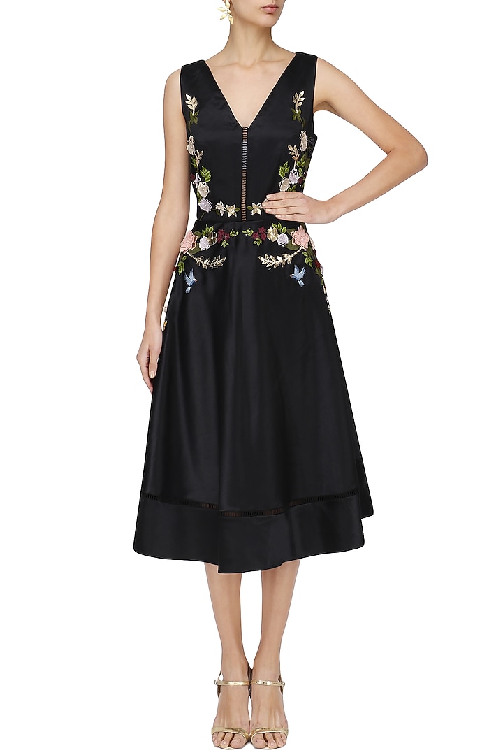 Black flower embroidered midi dress available only at Pernia's Pop Up Shop.